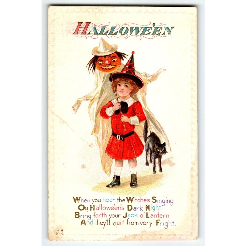 Halloween Postcard Black Cat Witch Girl Goblin On A Stick Nash H-14 Vintage